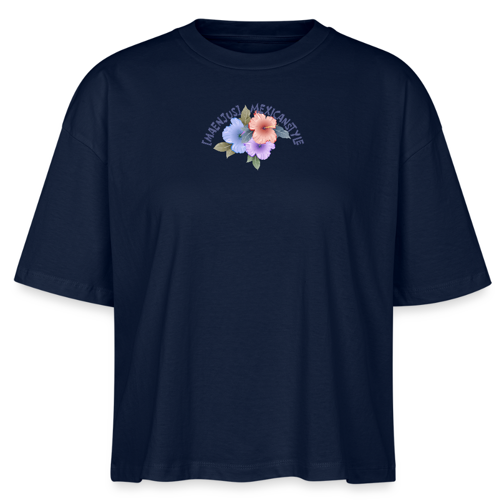 Frauen Boxy Bio-T-Shirt mit MAENJUS MEXICANSTYLE PRINT Vorder- und Rückseite - Navy