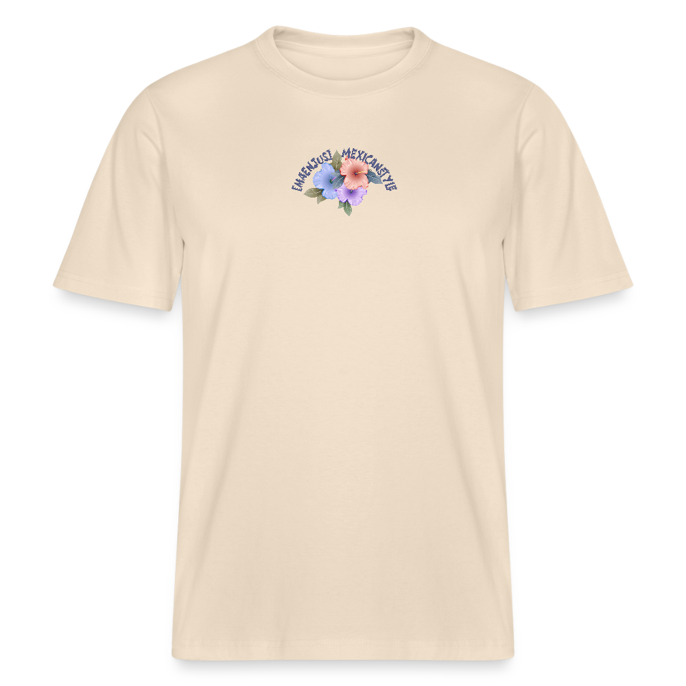 Relaxed Fit Unisex Bio-T-Shirt mit MAENJUS MEXICANSTYLE PRINT Vorder- und Rückseite - Weißgrau