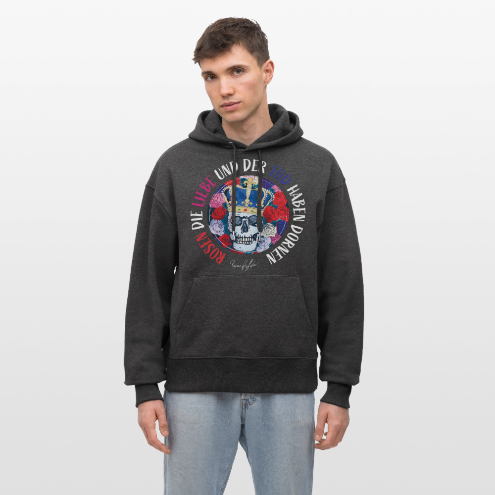 Unisex Relaxed Fit Bio-Hoodie mit ROSEN DIE LIEBE UND DER TOD HABEN DORNEN PRINT - Dunkelgrau meliert
