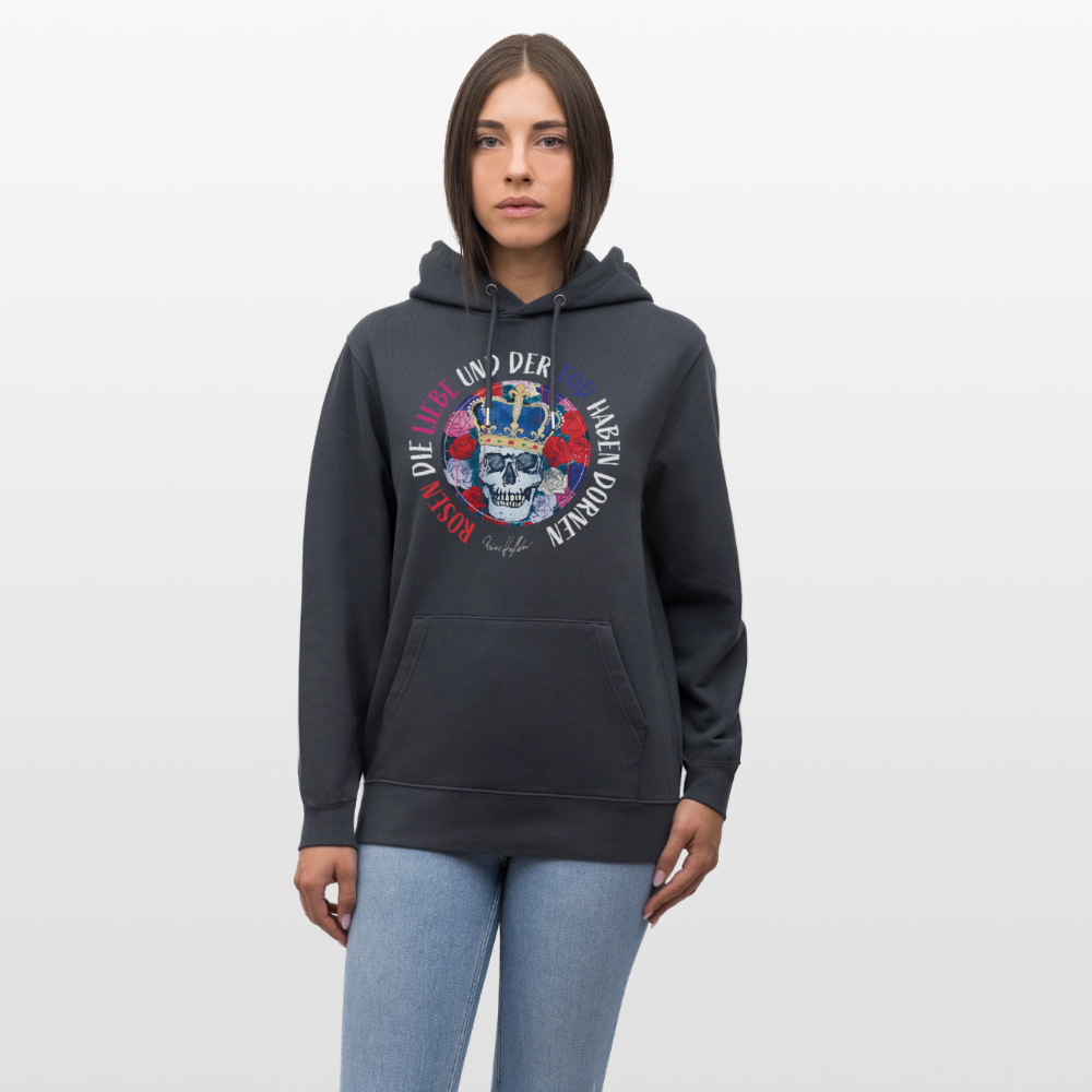 Unisex Hoodie mit ROSEN DIE LIEBE UND DER TOD HABEN DORNEN PRINT - Indigoblau