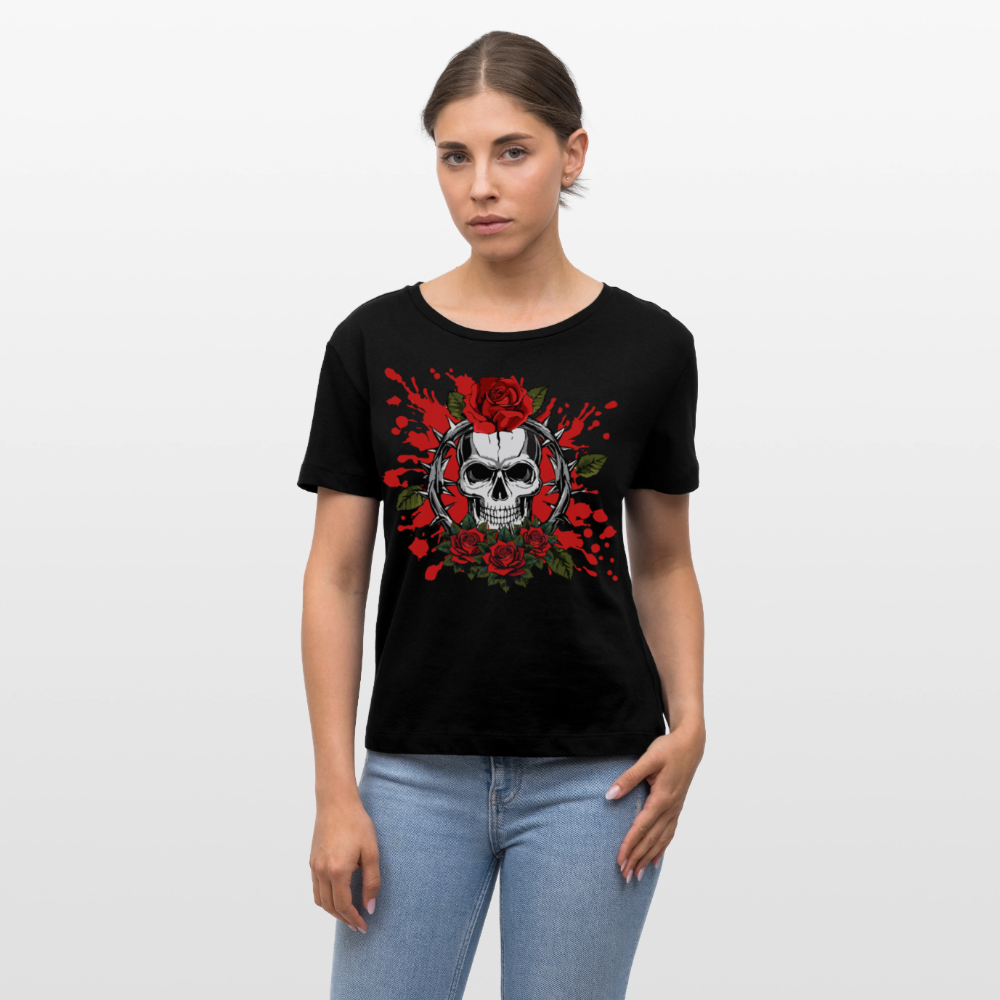 Frauen T-Shirt mit ROSEN SKULL PRINT - Schwarz