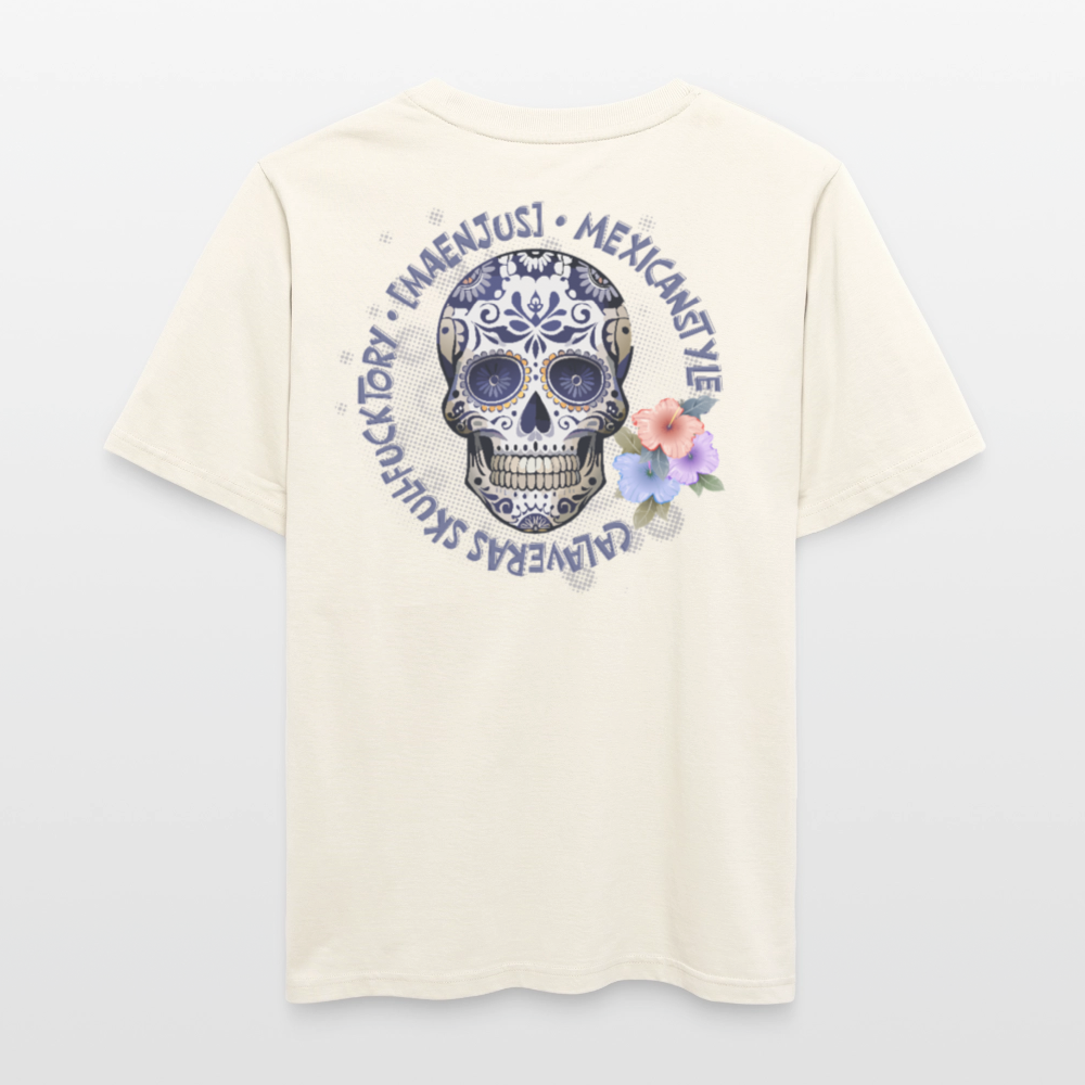 Relaxed Fit Unisex Bio-T-Shirt mit MAENJUS MEXICANSTYLE PRINT Vorder- und Rückseite - Naturweiß