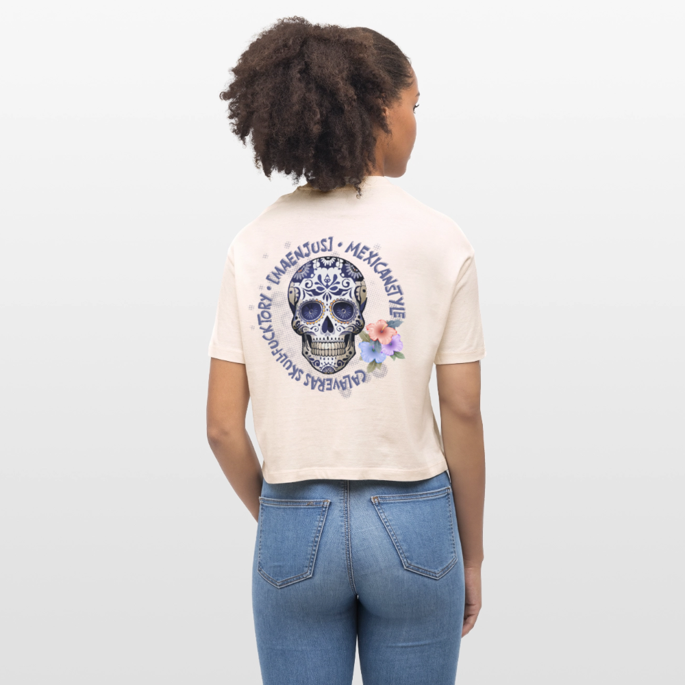 Frauen Boxy Bio-T-Shirt mit MAENJUS MEXICANSTYLE PRINT Vorder- und Rückseite - Weißgrau