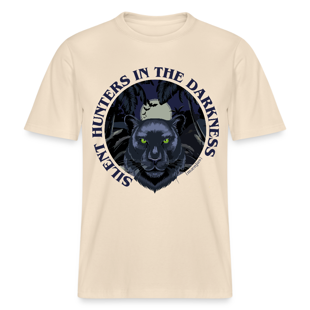 Relaxed Fit Unisex Bio-T-Shirt mit SILENT HUNTERS IN THE DARKNESS PRINT Vorderseite - Weißgrau