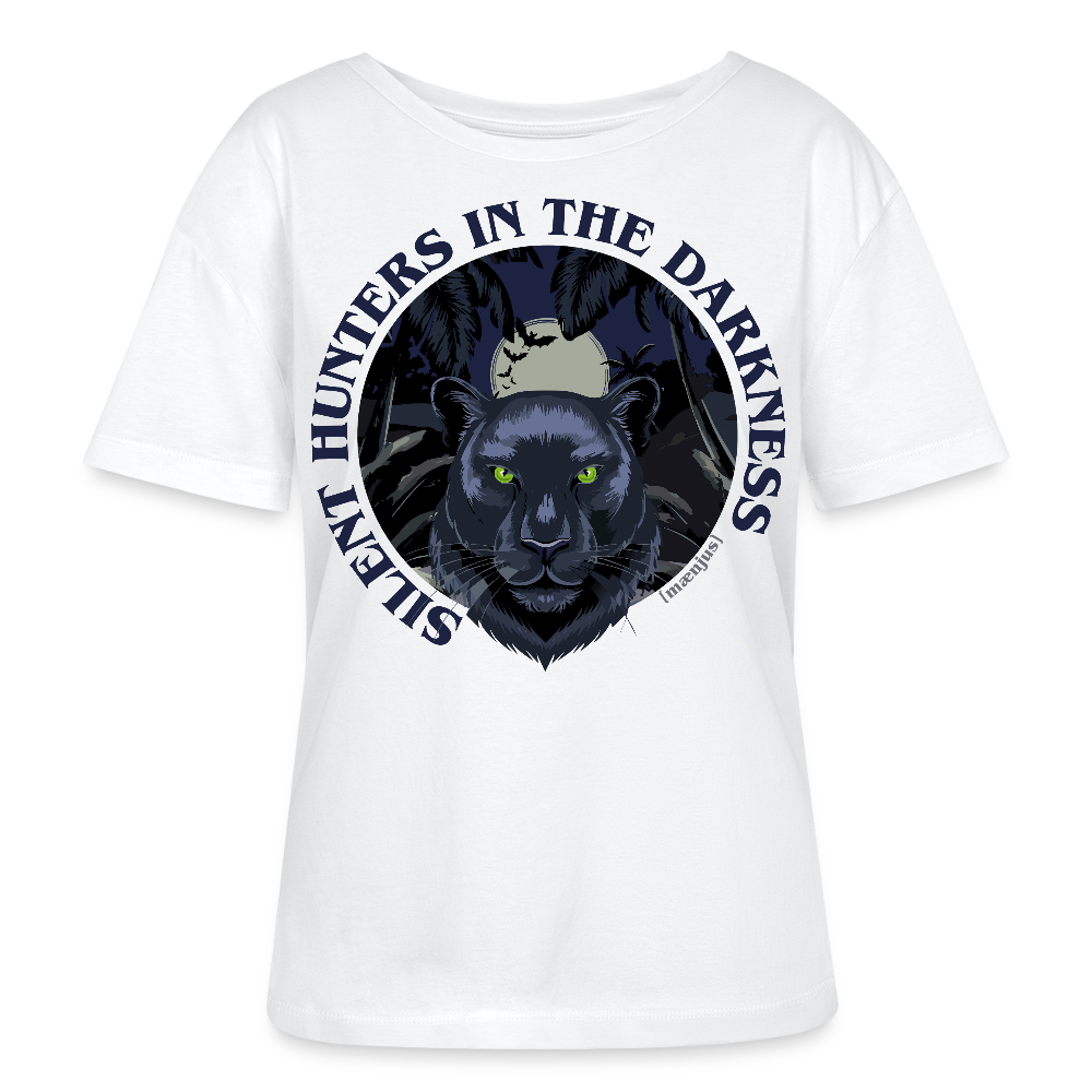 Relaxed Rundhals Frauen Bio-T-Shirt mit SILENT HUNTERS IN THE DARKNESS PRINT Vorderseite - Weiß