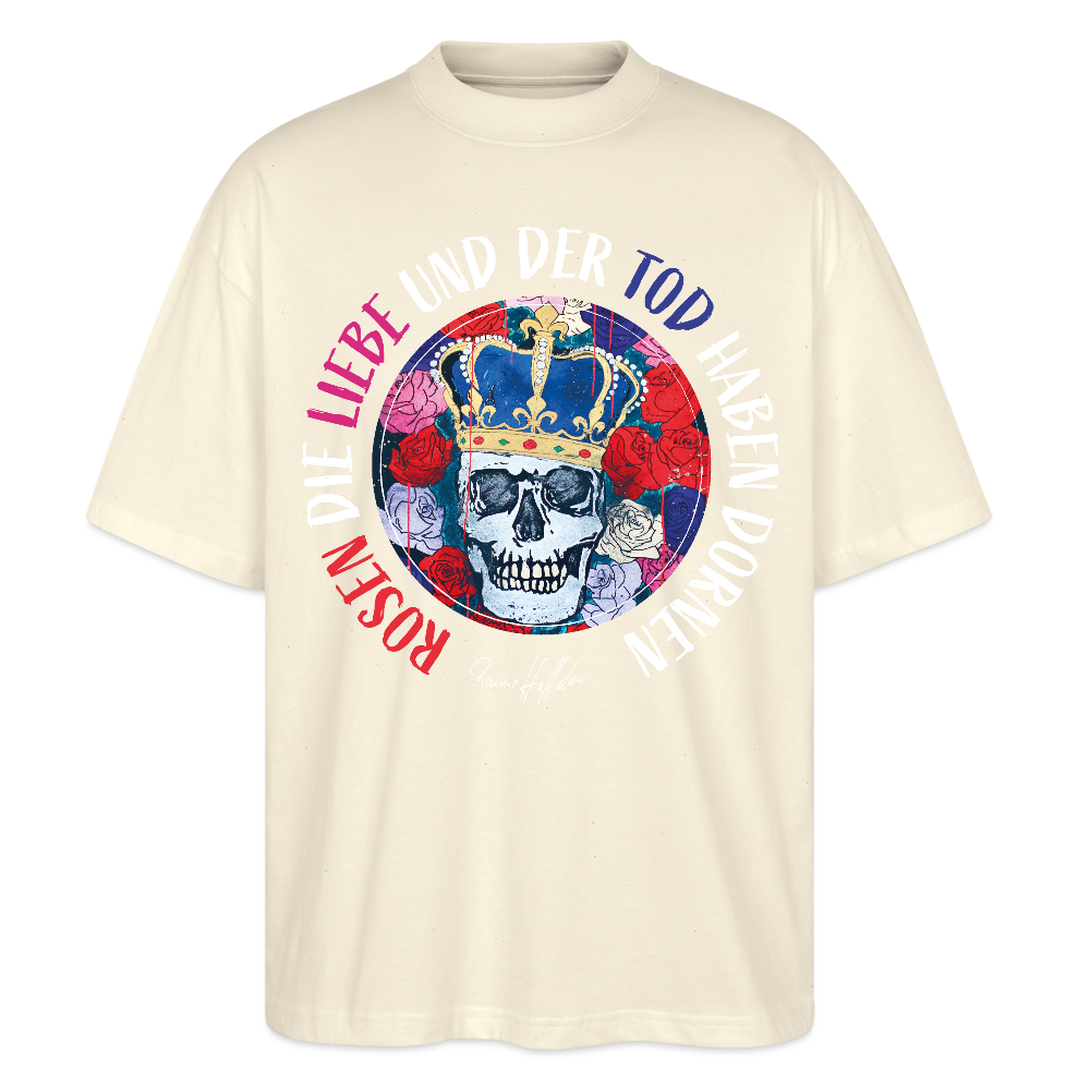 Oversized Unisex T-Shirt mit ROSEN DIE LIEBE UND DER TOD HABEN DORNEN PRINT - Weißgrau