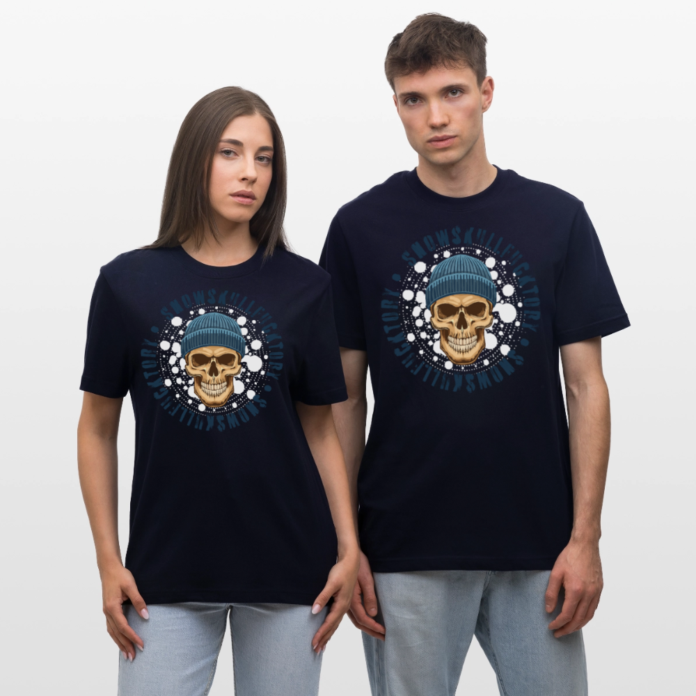Relaxed Fit Unisex Bio-T-Shirt mit SNOWSKULL FUCKTORY PRINT Vorderseite - Navy