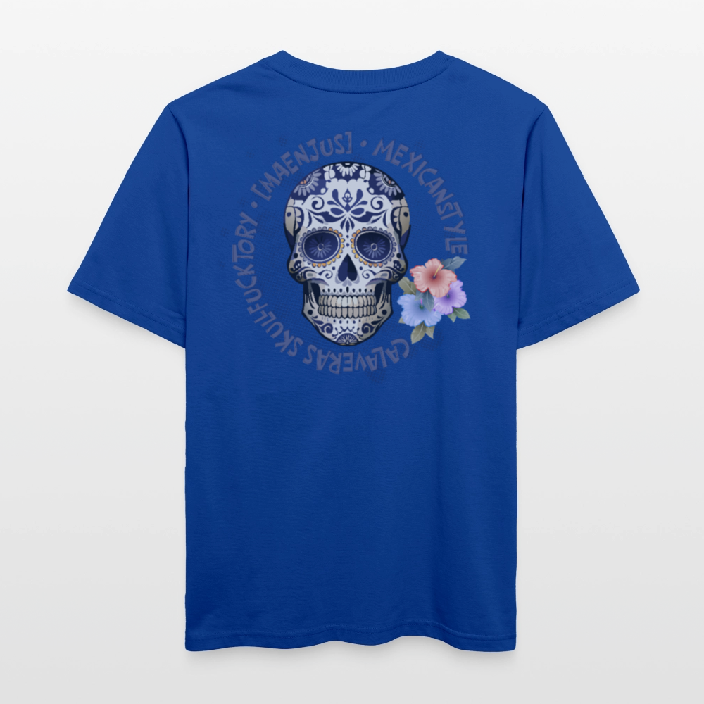Relaxed Fit Unisex Bio-T-Shirt mit MAENJUS MEXICANSTYLE PRINT Vorder- und Rückseite - Dunkelblau