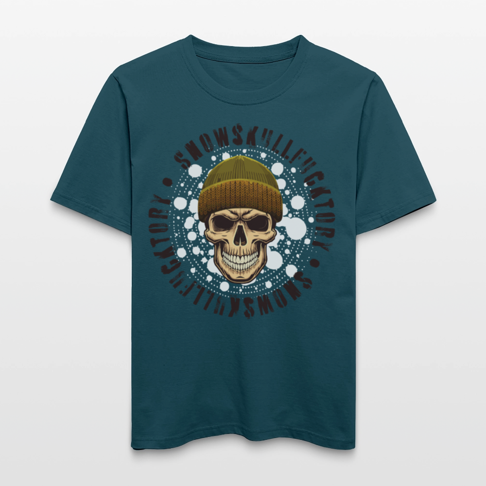 Relaxed Fit Unisex Bio-T-Shirt mit SNOWSKULL FUCKTORY PRINT Vorderseite - Dunkles Petrol