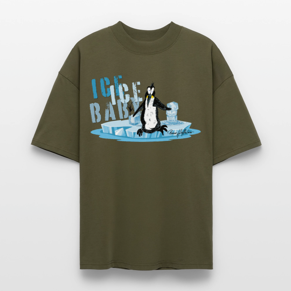 Oversized Unisex Bio T-Shirt mit ICE ICE BABY PINGUIN PRINT - Khaki