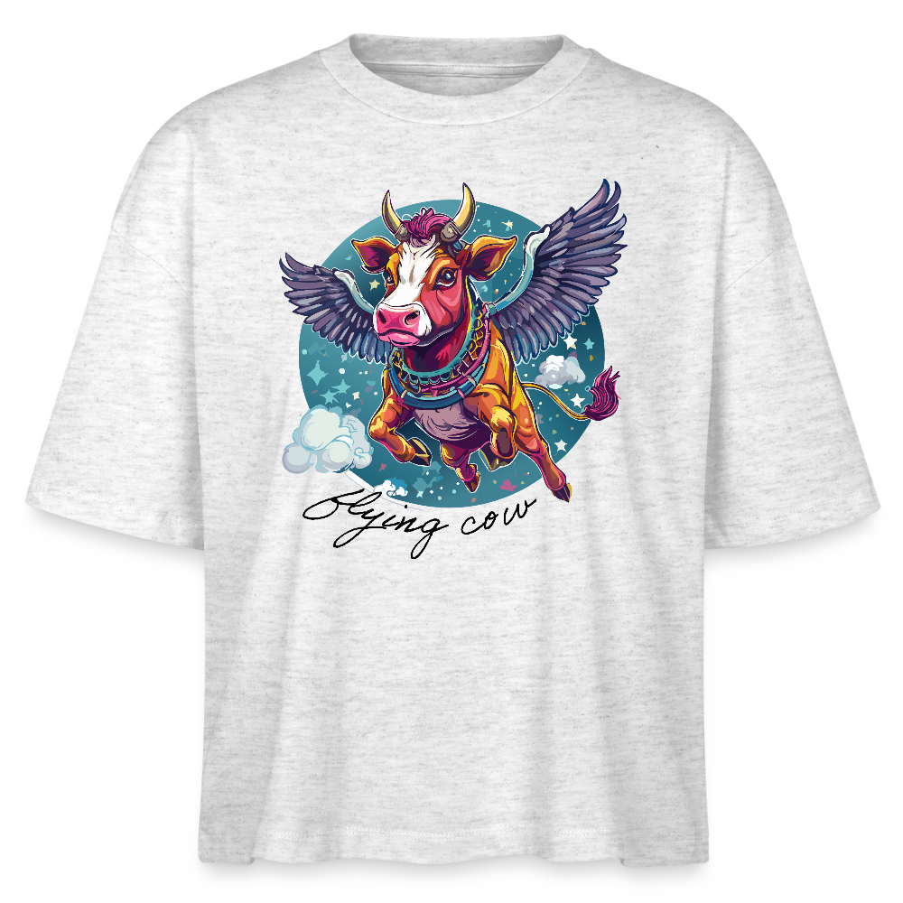 Frauen Boxy Bio-T-Shirt mit FLYING COW PRINT - Weiß meliert