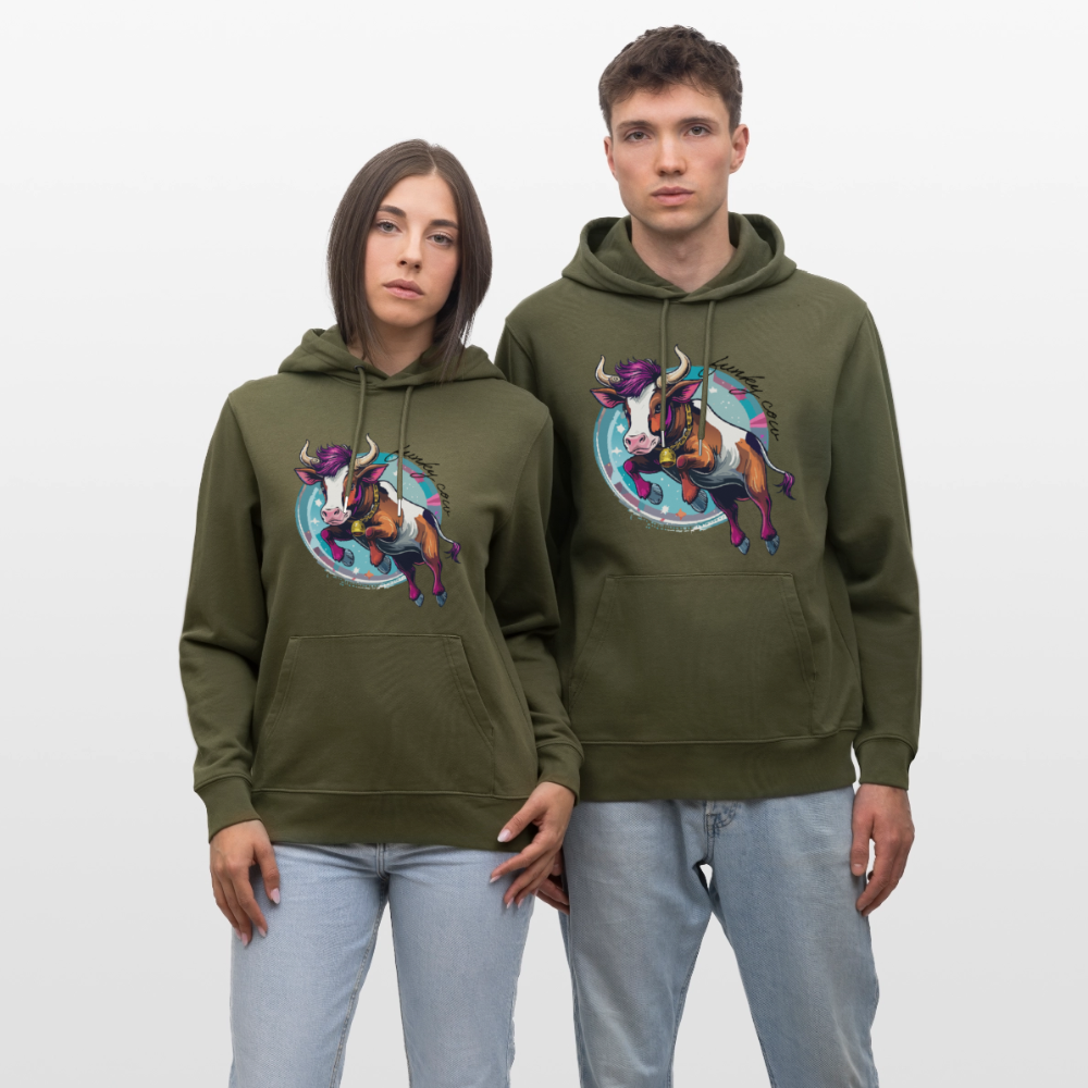 Unisex Hoodie mit FUNKY COW PRINT - Khaki Grün