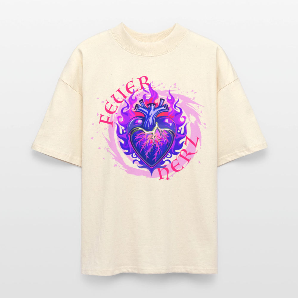 Oversized Unisex Bio T-Shirt mit FEUERHERZ LILA PRINT - Weißgrau