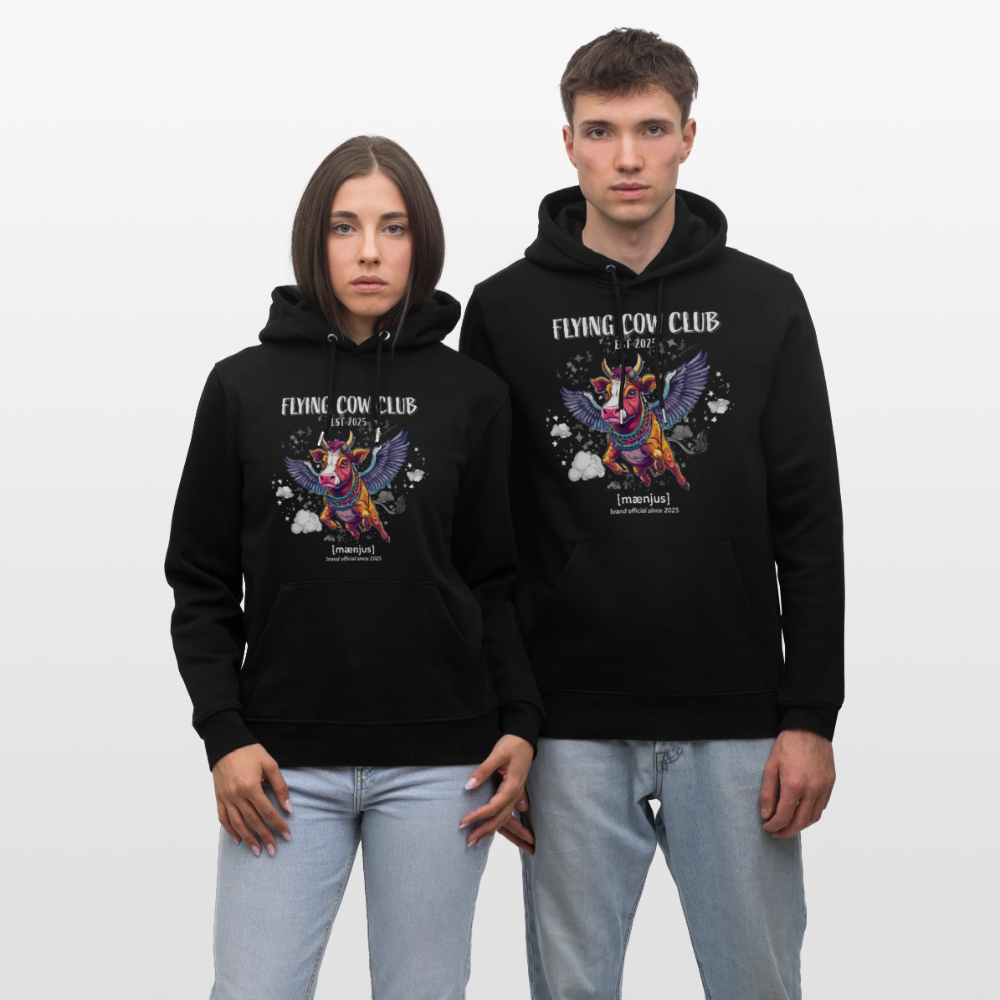 Unisex Bio-Hoodie mit FLYING COW CLUB PRINT Vorderseite - Schwarz