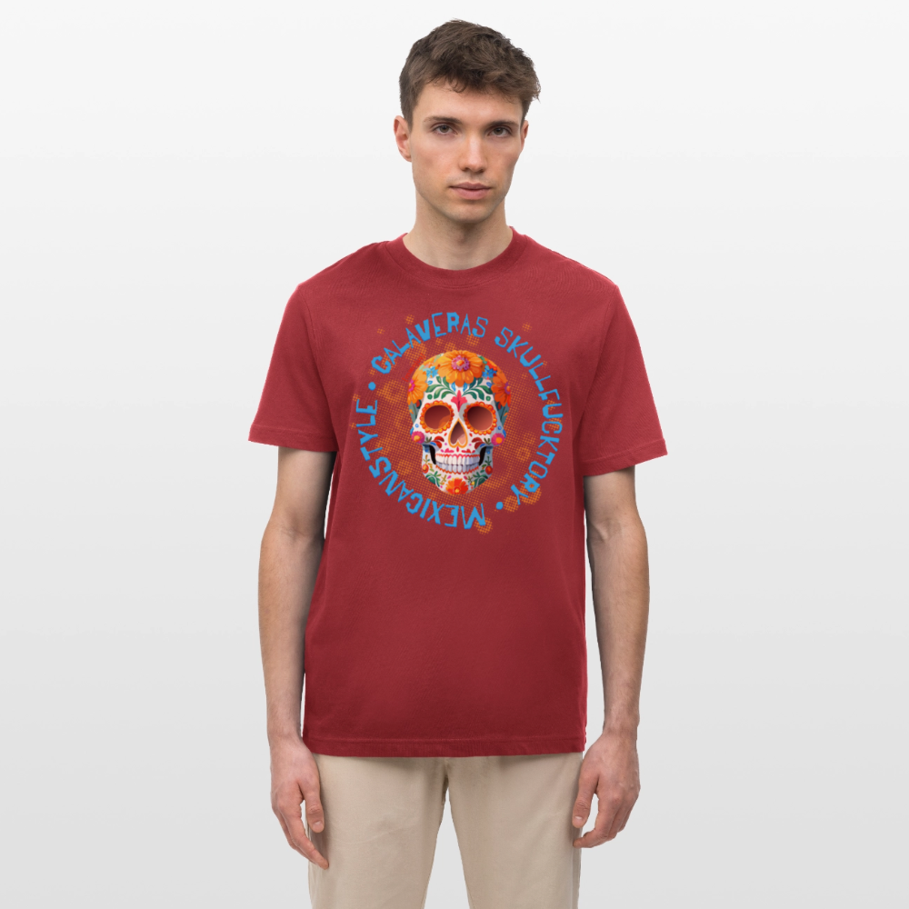 Relaxed Fit Unisex Bio-T-Shirt mit CALAVERAS MEXICANSTYLE PRINT Vorderseite - Erdrot