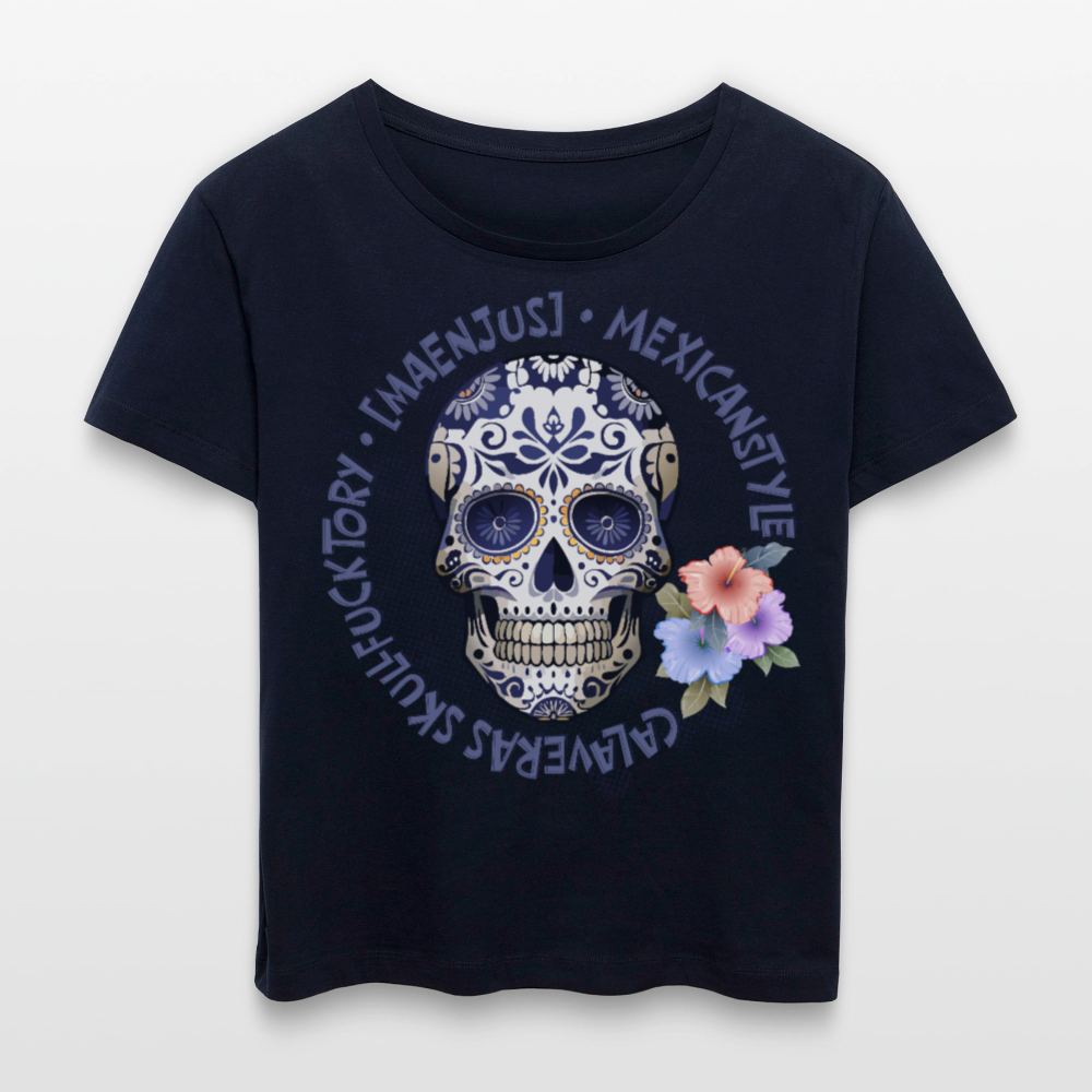 Rundhals Frauen Bio-T-Shirt mit MAENJUS MEXICANSTYLE PRINT Vorderseite - Navy
