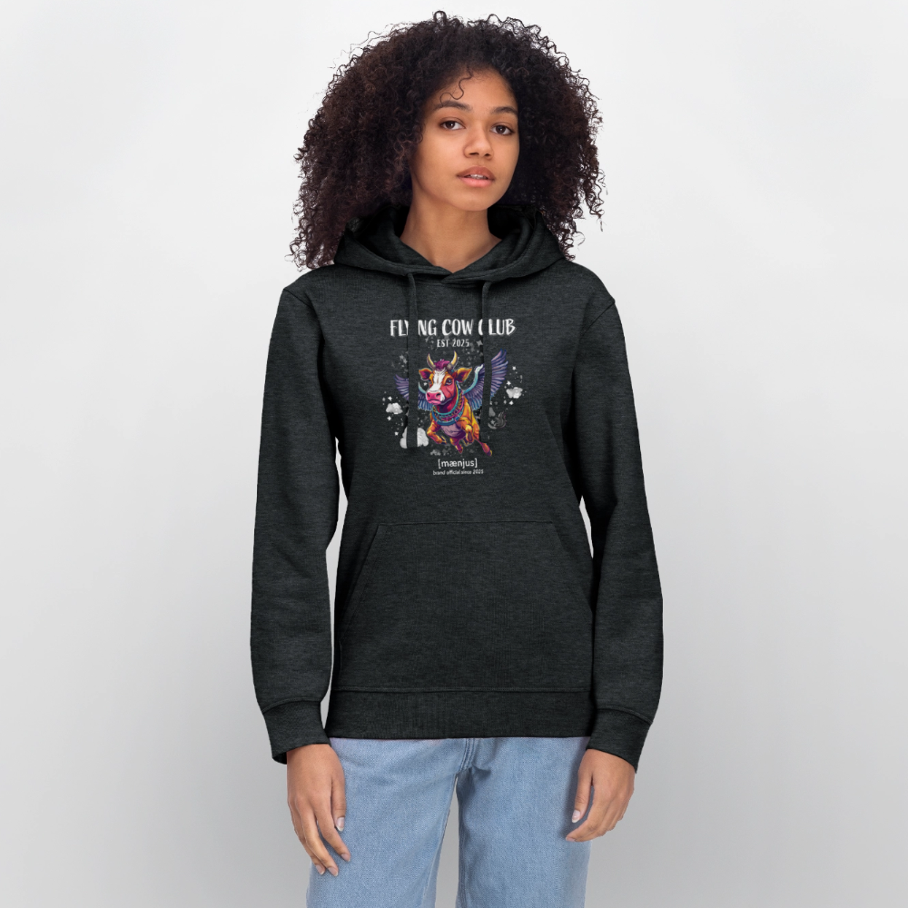 Unisex Bio-Hoodie mit FLYING COW CLUB PRINT Vorderseite - Dunkelgrau meliert