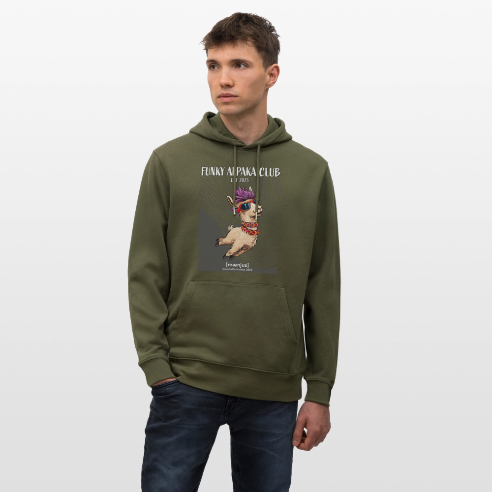 Unisex Bio-Hoodie mit FUNKY ALPAKA CLUB PRINT Vorderseite - Khaki Grün