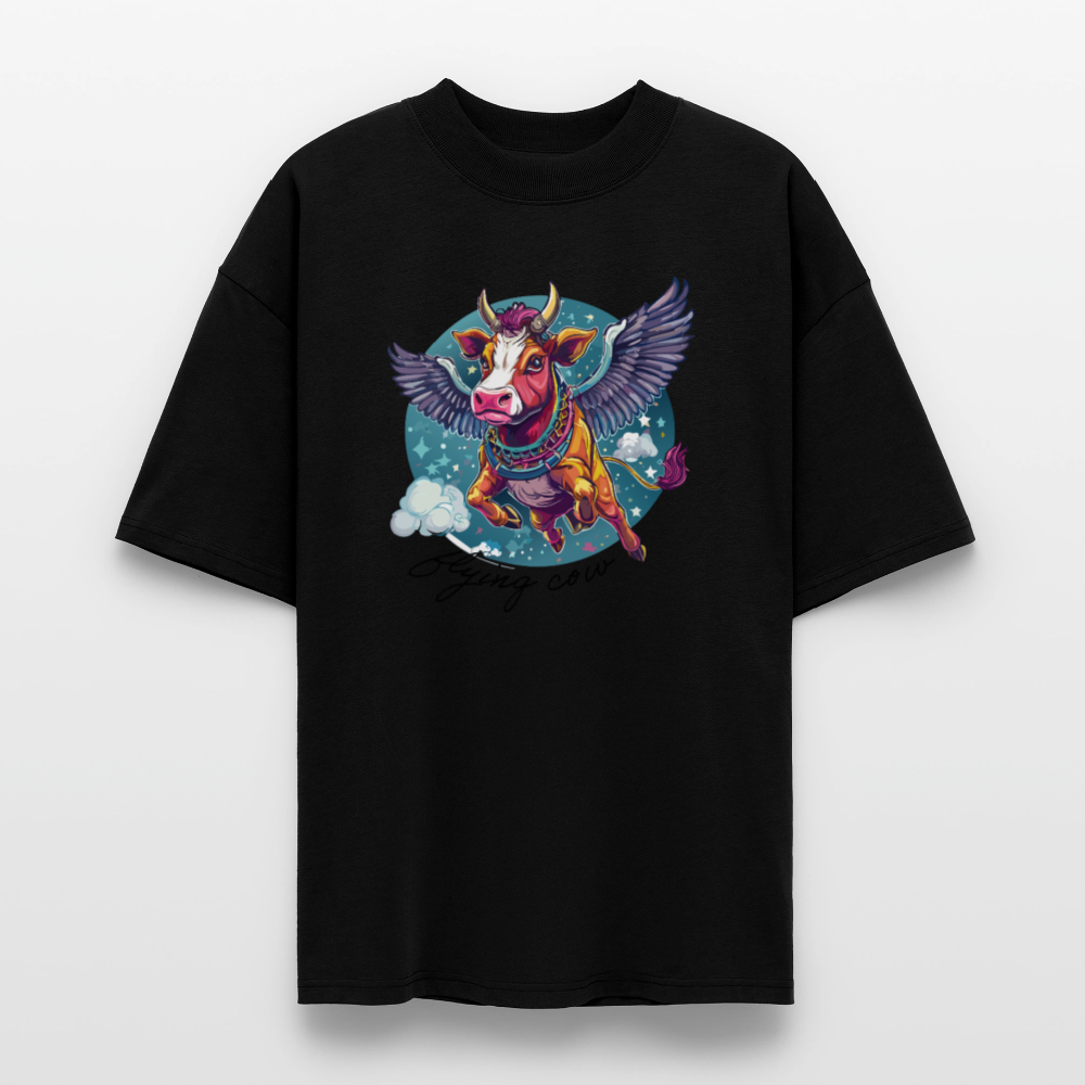 Oversized Unisex T-Shirt mit FLYING COW PRINT - Schwarz