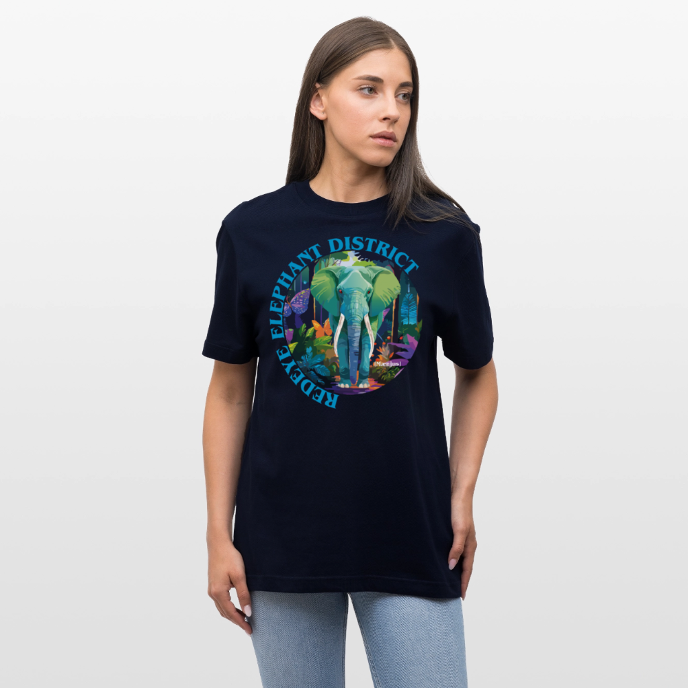 Relaxed Fit Unisex Bio-T-Shirt mit REDEYE ELEPHANT DISTRICT PRINT Vorderseite - Navy