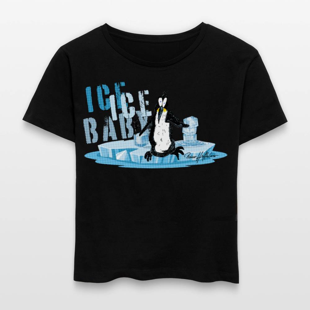 Relaxed Rundhals Frauen Bio-T-Shirt mit ICE ICE BABY PINGUIN PRINT - Schwarz