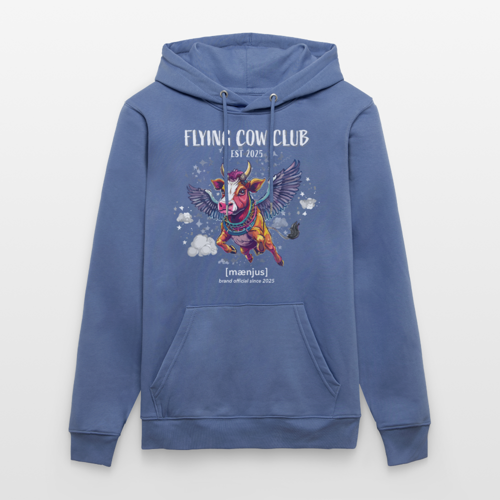 Unisex Bio-Hoodie mit FLYING COW CLUB PRINT Vorderseite - Blau