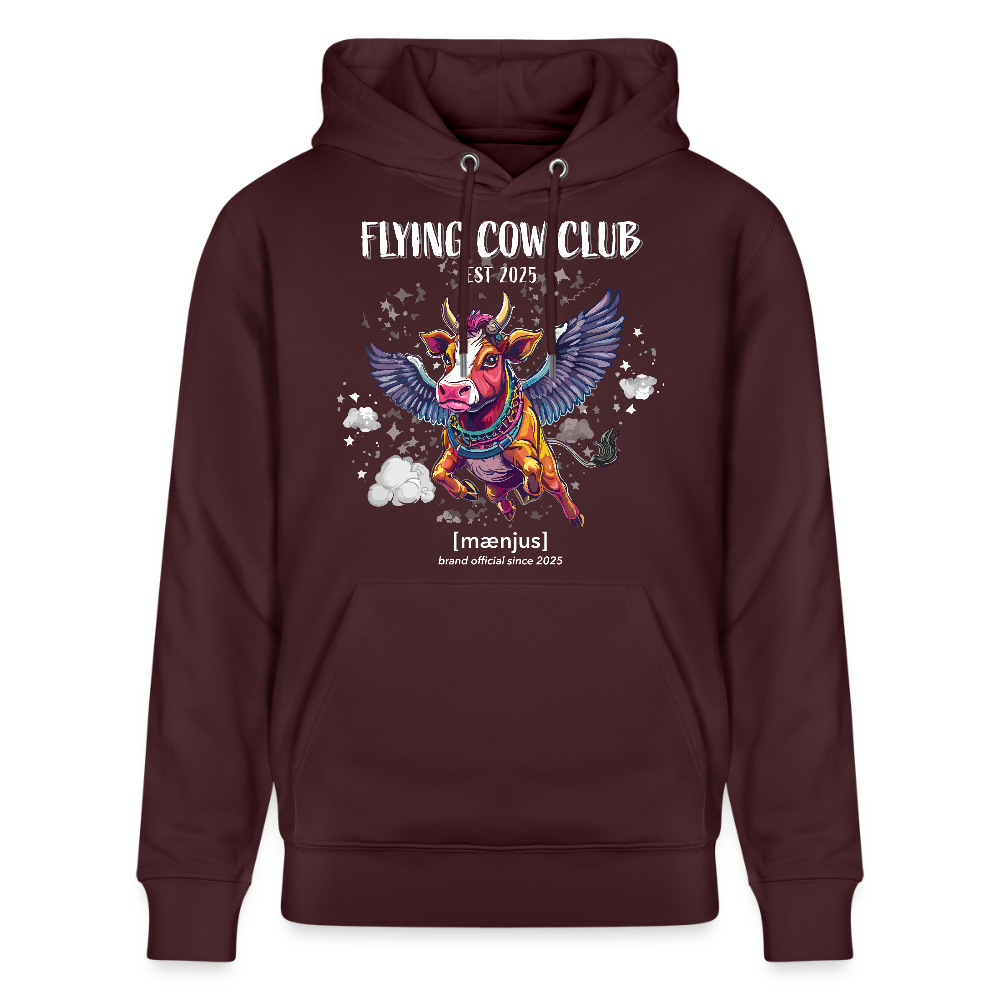 Unisex Bio-Hoodie mit FLYING COW CLUB PRINT Vorderseite - Maroon