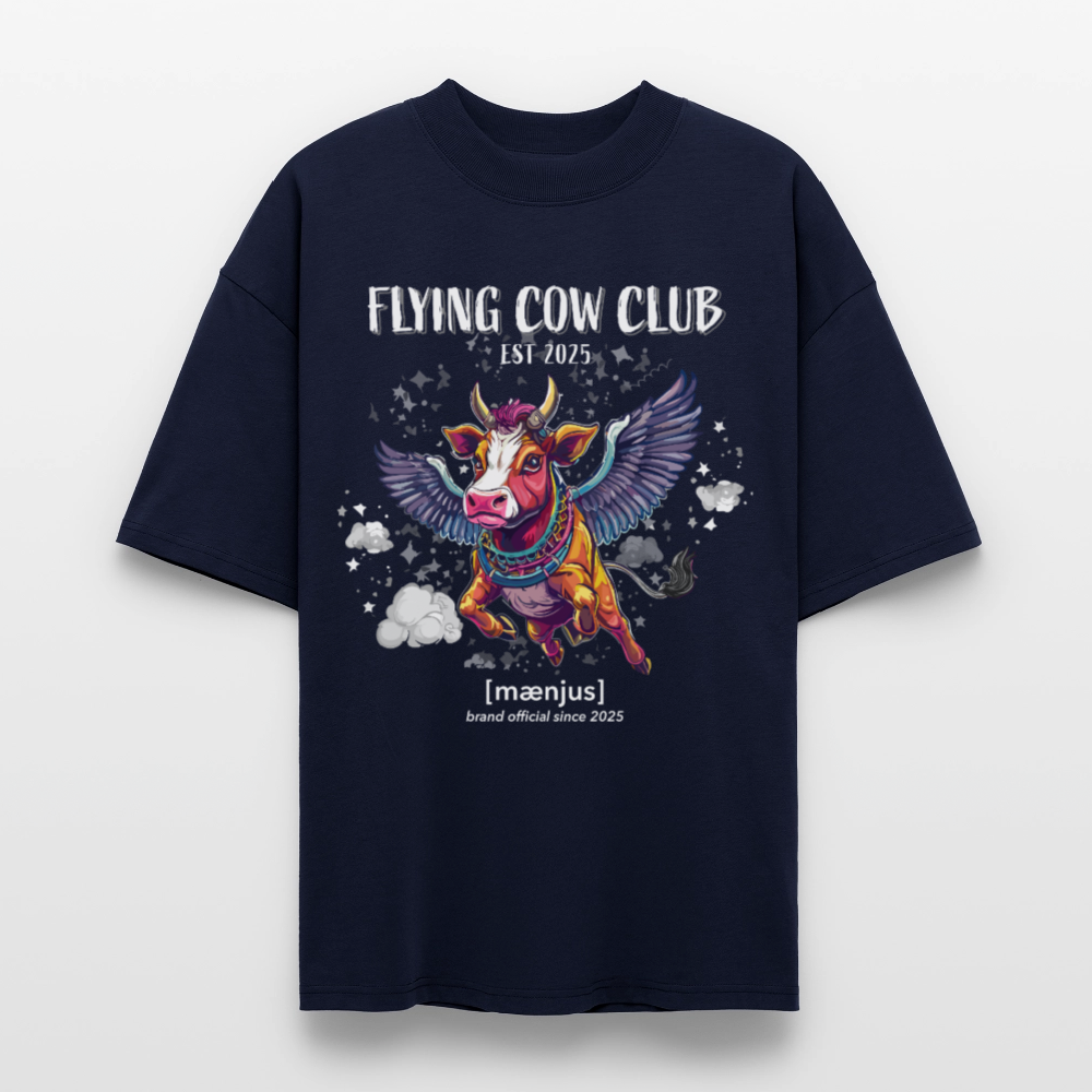 Oversized Unisex Bio T-Shirt mit FLYING COW CLUB PRINT Vorderseite - Navy