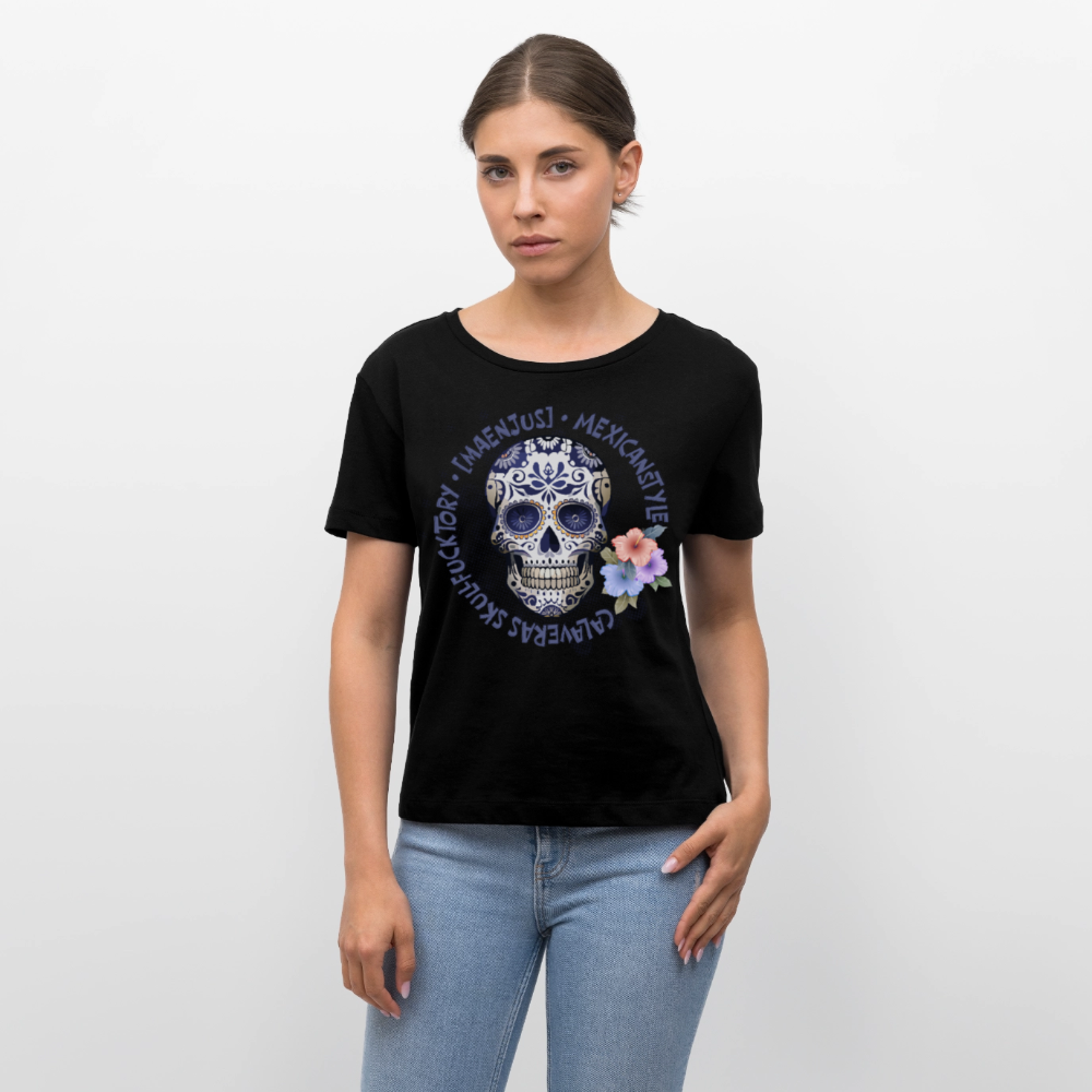 Rundhals Frauen Bio-T-Shirt mit MAENJUS MEXICANSTYLE PRINT Vorderseite - Schwarz