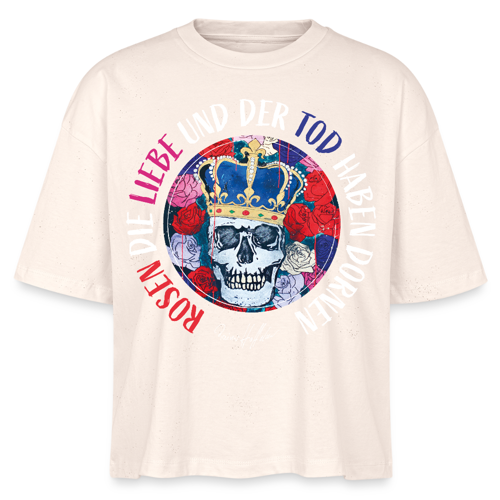 Frauen Boxy Bio-T-Shirt mit ROSEN DIE LIEBE UND DER TOD HABEN DORNEN PRINT - Weißgrau