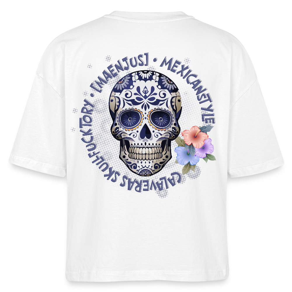 Frauen Boxy Bio-T-Shirt mit MAENJUS MEXICANSTYLE PRINT Vorder- und Rückseite - Weiß