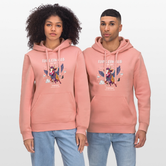 Unisex Bio-Hoodie mit FLYING COW CLUB PRINT Vorderseite - Altrosa