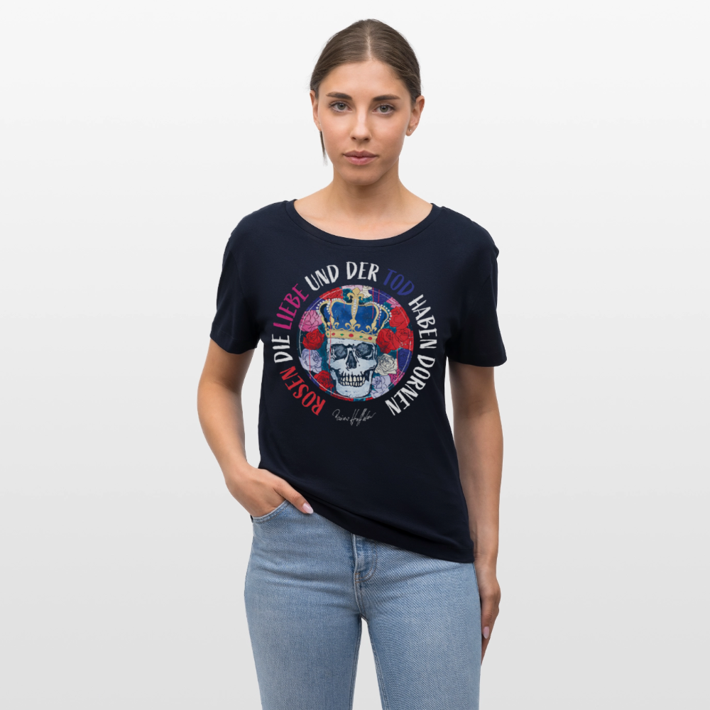 Frauen T-Shirt mit ROSEN DIE LIEBE UND DER TOD HABEN DORNEN PRINT - Navy