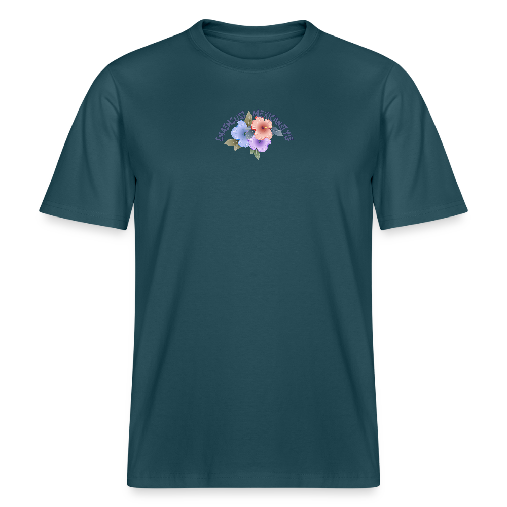 Relaxed Fit Unisex Bio-T-Shirt mit MAENJUS MEXICANSTYLE PRINT Vorder- und Rückseite - Dunkles Petrol