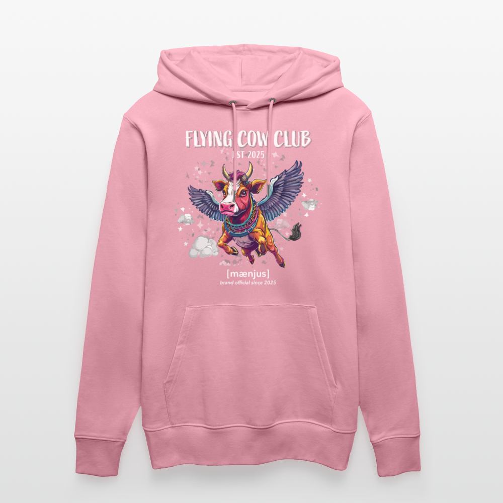 Unisex Bio-Hoodie mit FLYING COW CLUB PRINT Vorderseite - Lila Traum