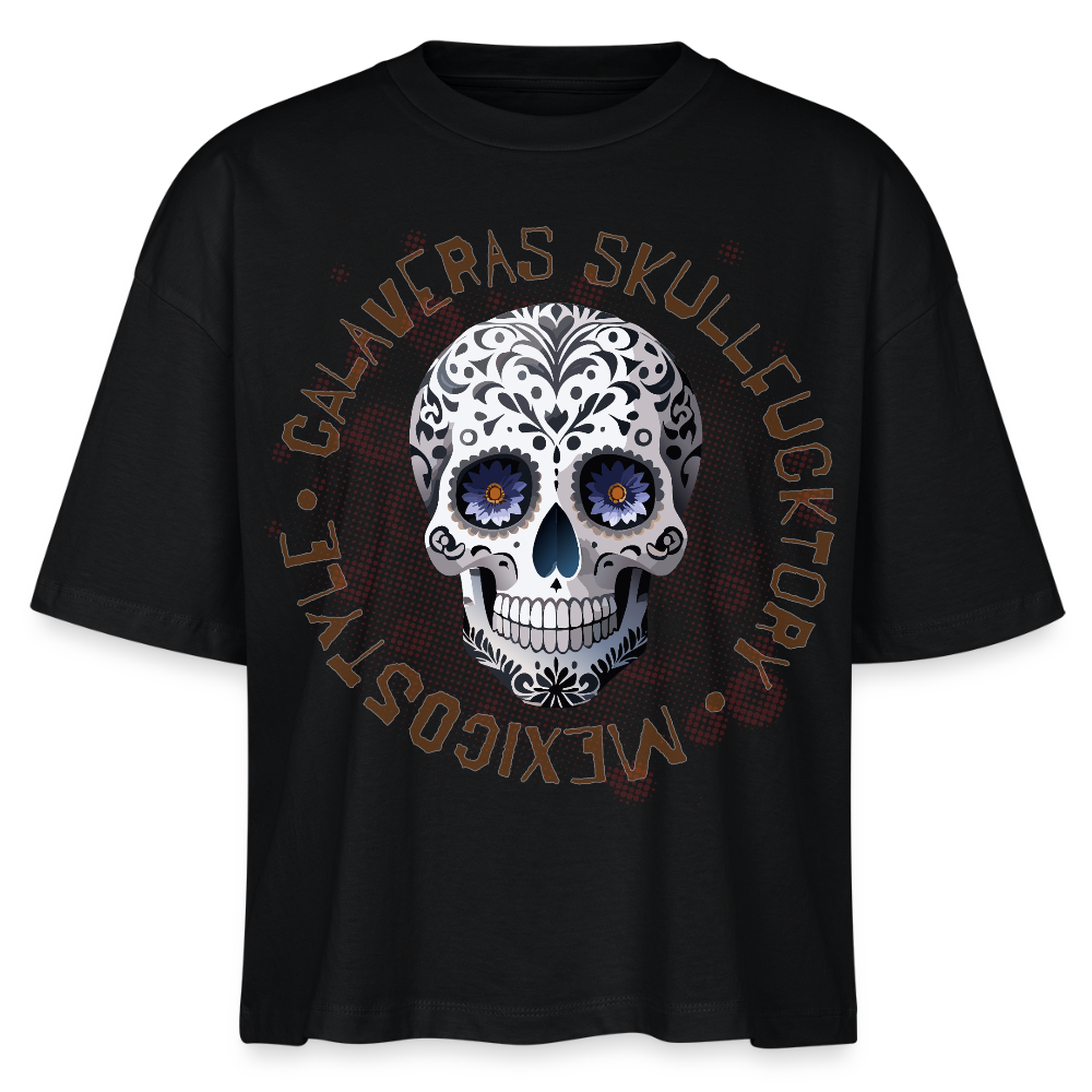Frauen Boxy Bio-T-Shirt mit CALAVERAS SKULL PRINT - Schwarz