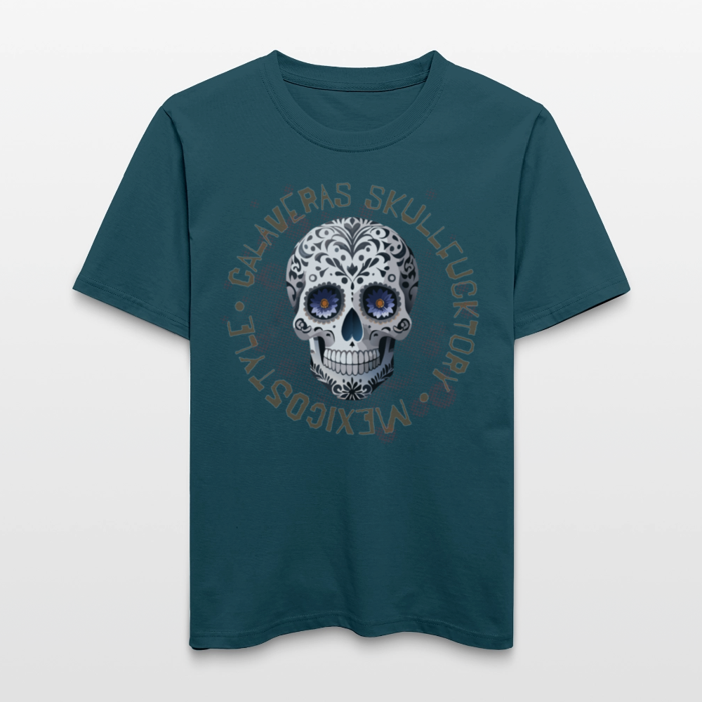 Relaxed Fit Unisex Bio-T-Shirt mit CALAVERAS SKULL PRINT Vorderseite - Dunkles Petrol