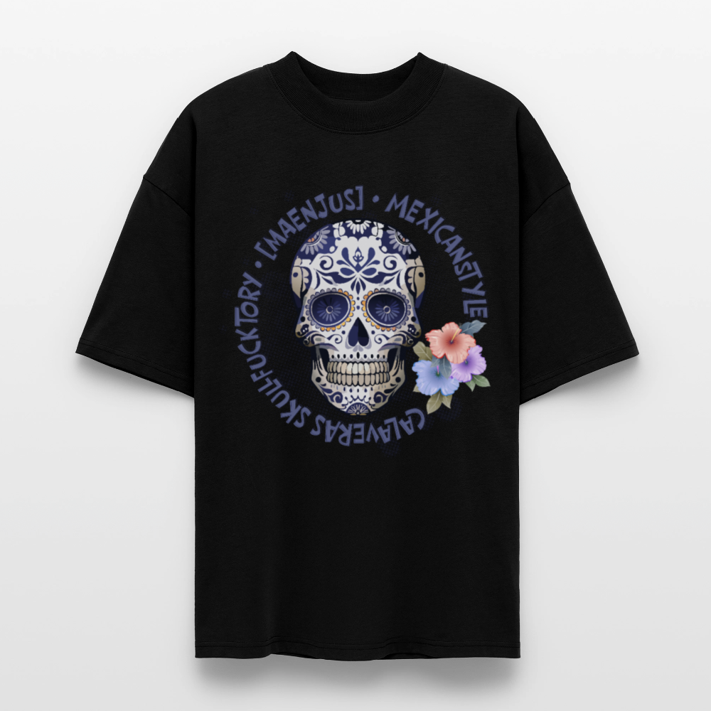 Oversized Unisex Bio T-Shirt mit MAENJUS MEXICANSTYLE PRINT Vorderseite - Schwarz