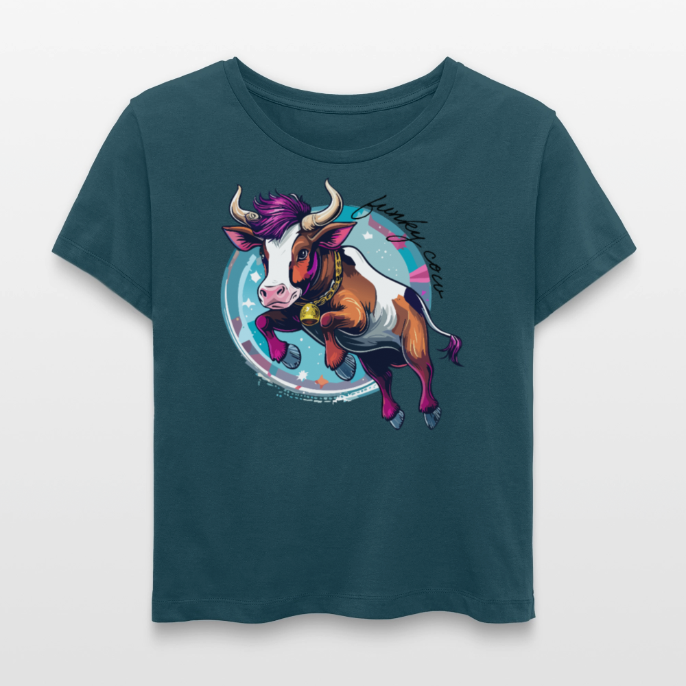 Frauen T-Shirt mit FUNKY COW PRINT - Dunkles Petrol