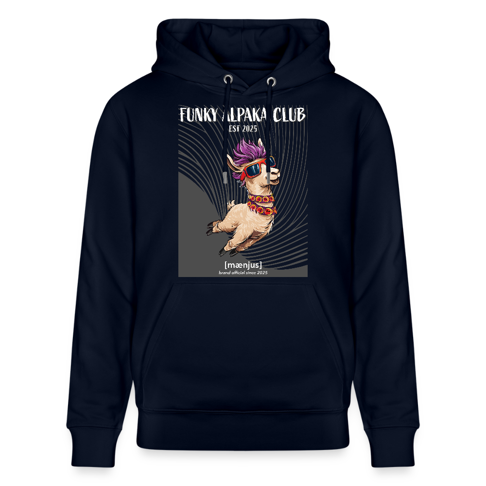 Unisex Bio-Hoodie mit FUNKY ALPAKA CLUB PRINT Vorderseite - Navy