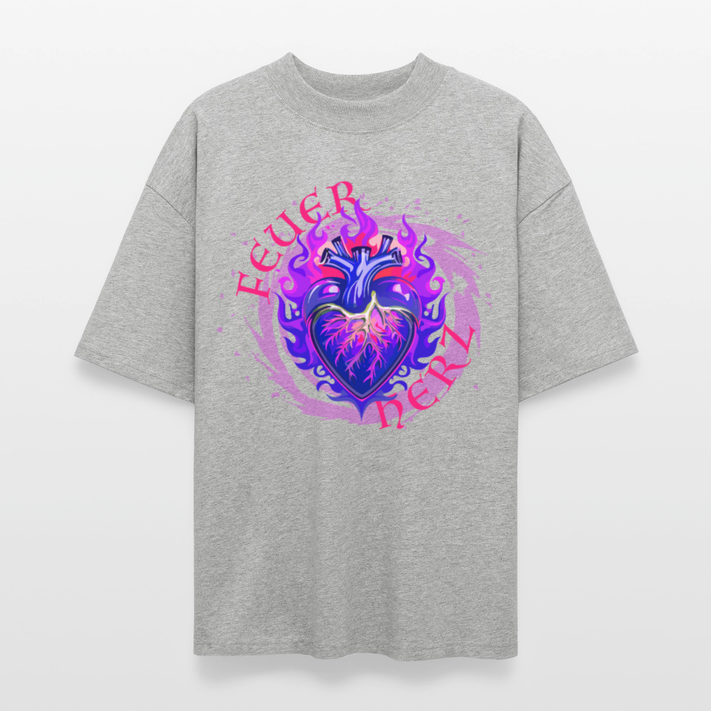 Oversized Unisex Bio T-Shirt mit FEUERHERZ LILA PRINT - Grau meliert