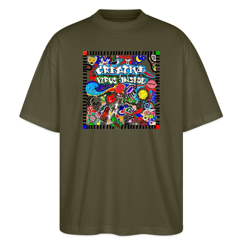 Oversized Unisex Bio T-Shirt mit CREATIVE VIRUS INSIDE PRINT Vorderseite - Khaki