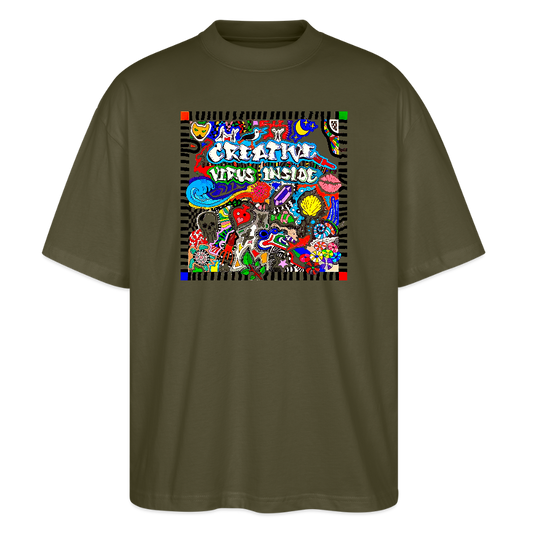 Oversized Unisex Bio T-Shirt mit CREATIVE VIRUS INSIDE PRINT Vorderseite - Khaki