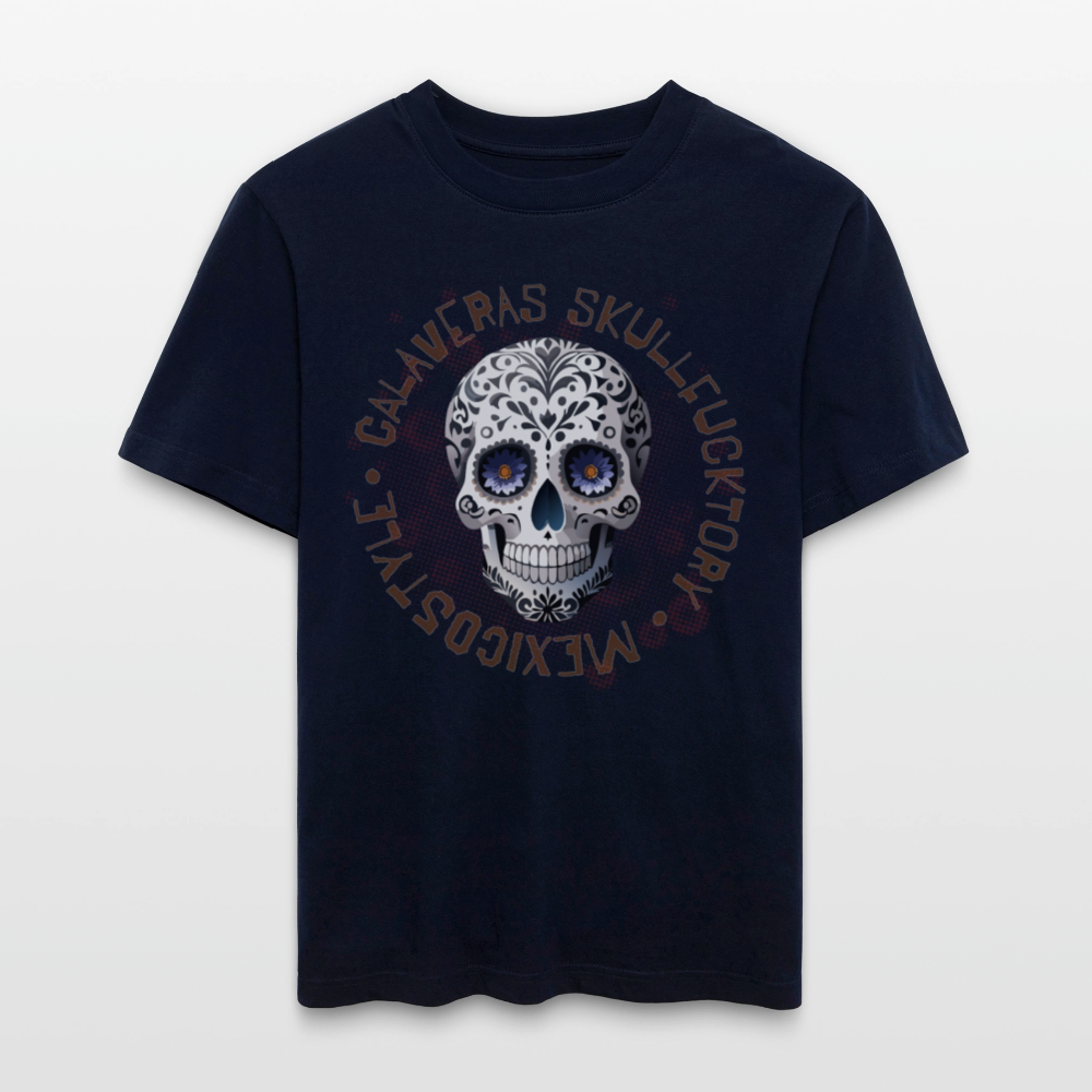 Relaxed Fit Unisex Bio-T-Shirt mit CALAVERAS SKULL PRINT Vorderseite - Navy
