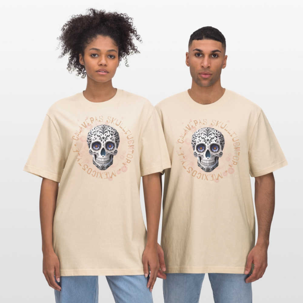 Relaxed Fit Unisex Bio-T-Shirt mit CALAVERAS SKULL PRINT Vorderseite - Weißgrau