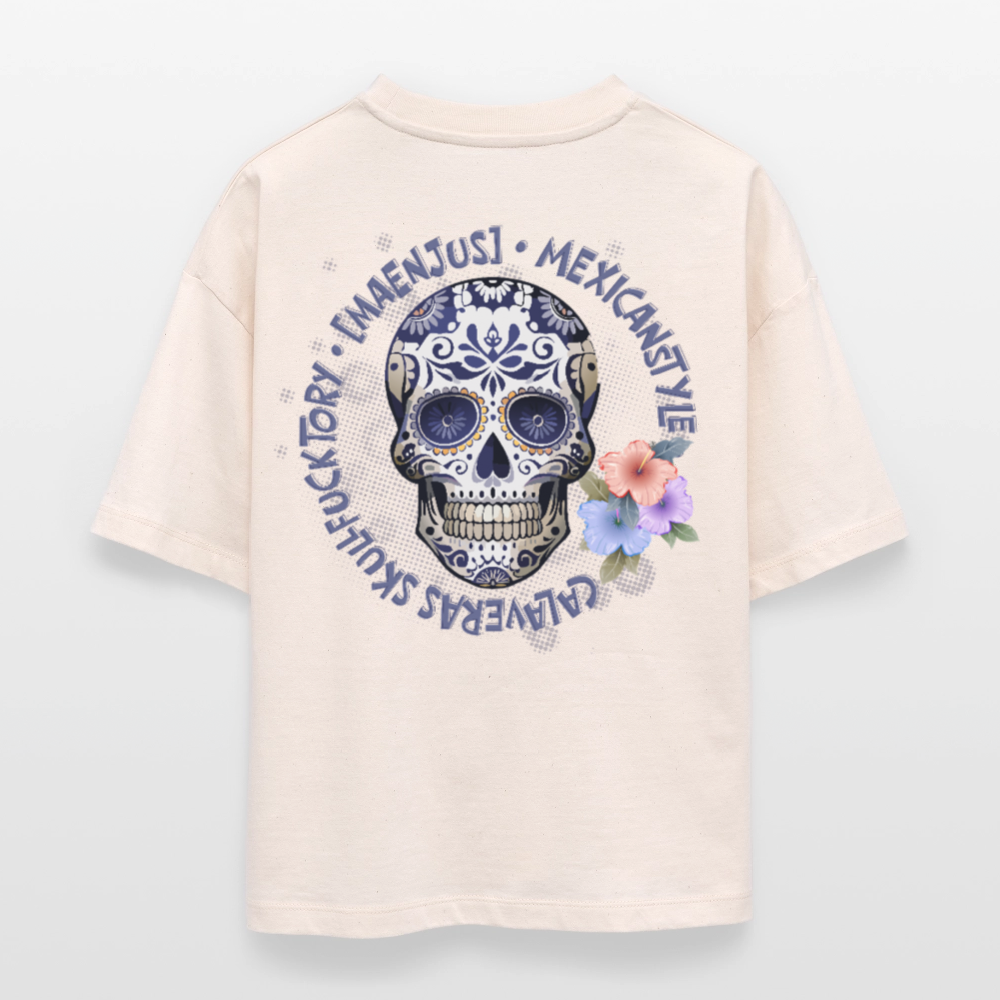 Frauen Boxy Bio-T-Shirt mit MAENJUS MEXICANSTYLE PRINT Vorder- und Rückseite - Weißgrau