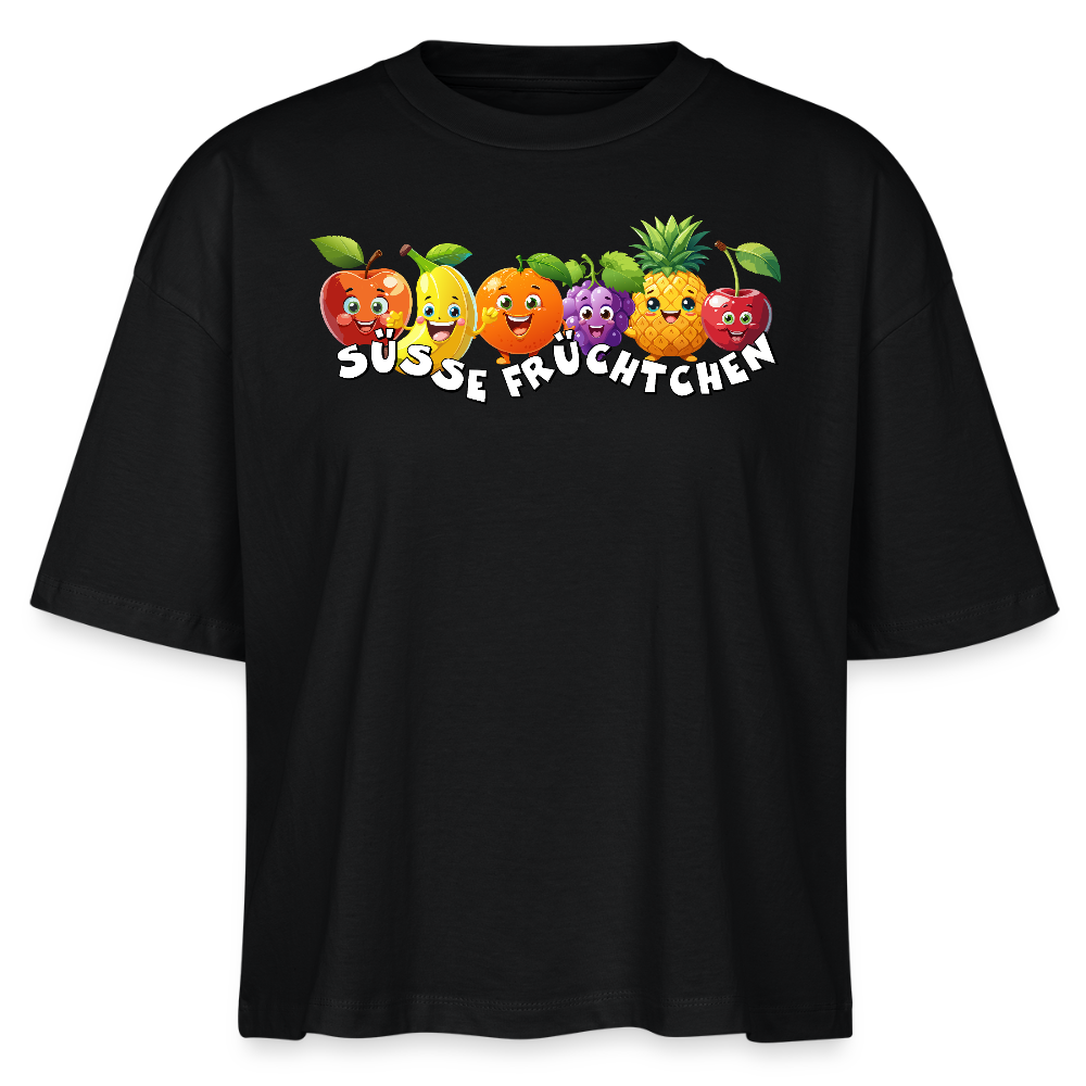 Frauen Boxy T-Shirt mit SÜSSE FRÜCHTCHEN PRINT - Schwarz