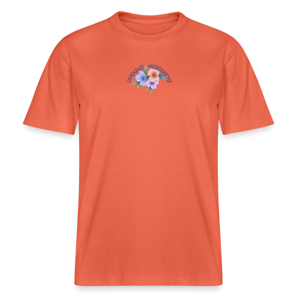 Relaxed Fit Unisex Bio-T-Shirt mit MAENJUS MEXICANSTYLE PRINT Vorder- und Rückseite - Hellrot