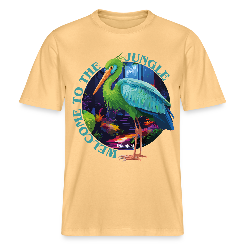 Relaxed Fit Unisex Bio-T-Shirt mit WELCOME TO THE JUNGLE PRINT Vorderseite - Hellgelb