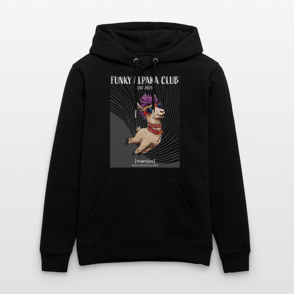 Unisex Bio-Hoodie mit FUNKY ALPAKA CLUB PRINT Vorderseite - Schwarz